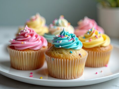 Five frosted cupcakes on a white plate
