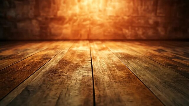 Wood floor on brick background with orange glow, abstract perspective view
