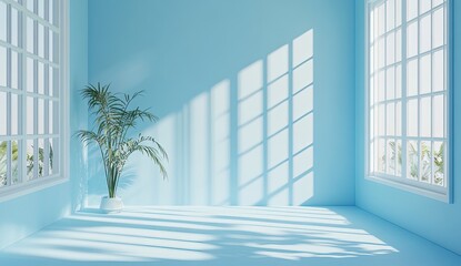 Light-filled blue room with plant
