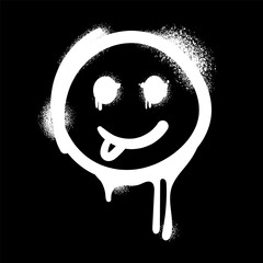 Graffiti style smiley face with tongue out on black background, designed with spray paint and stencil texture for urban street art, grunge designs, posters, edgy branding visuals.Vector illustration