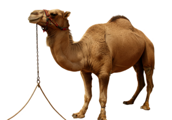 A regal dromedary stands against the black draped in reins