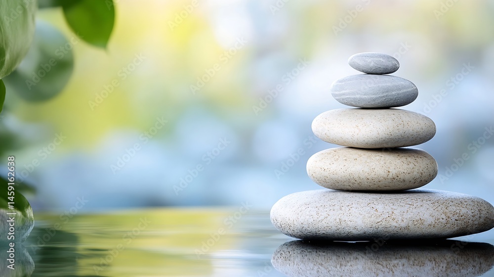 Poster serene stack of stones near tranquil water, reflecting balance and peace in a natural setting with s