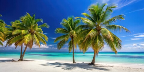 Obraz premium Palm trees swaying gently in the warm tropical breeze over turquoise ocean waters with sandy white beach and crystal clear blue sky, sandy beach, beach