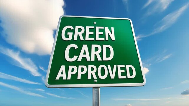 Ai Illustration of a Green card approved road sign with a blue sky indicating immigration approval for US permanent residency