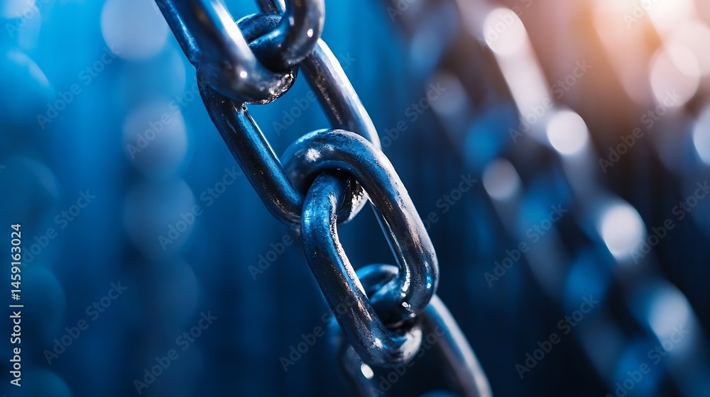 Poster Close-up view of a strong, metallic chain, showcasing the interconnected links and reflecting a deep blue light.  The image emphasizes the strength and resilience of the metal. : Generative AI