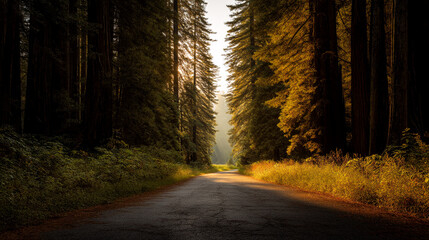 Obraz premium Sunlit road through redwood forest, creating a scenic and peaceful atmosphere, showcasing nature's beauty and tranquility