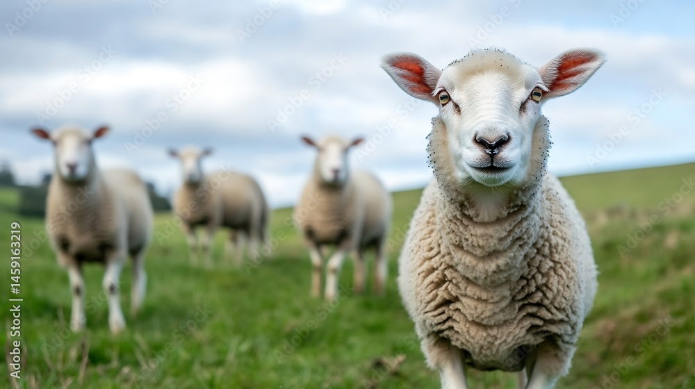 Poster Close-up portrait of a curious sheep in a pasture, with three other sheep softly blurred in the background, under a cloudy sky. : Generative AI