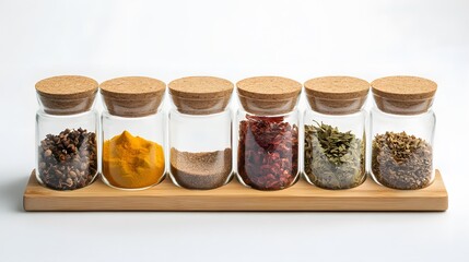 Spices in Glass Jars on Wood Rack. (1)