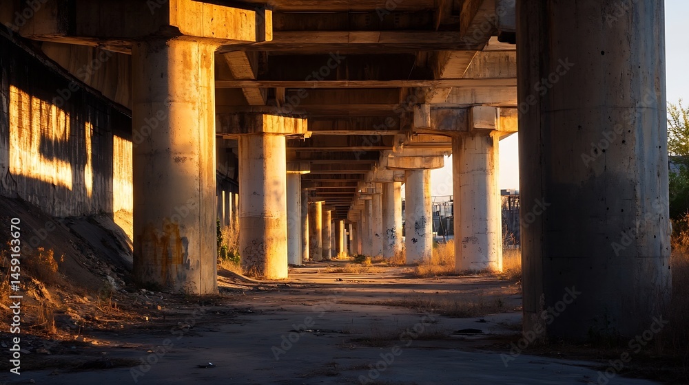 Aufkleber golden hour sunlight illuminates the underside of a concrete highway overpass, casting long shadows 