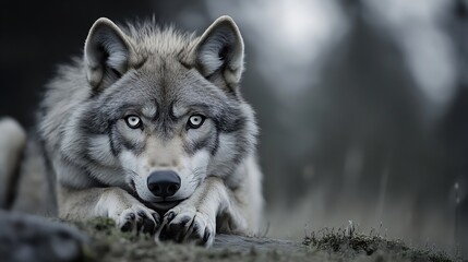 Naklejka premium A majestic grey wolf rests on a mossy rock, its piercing blue eyes fixed on the viewer, conveying a sense of wildness and power in a dark, moody forest setting. : Generative AI
