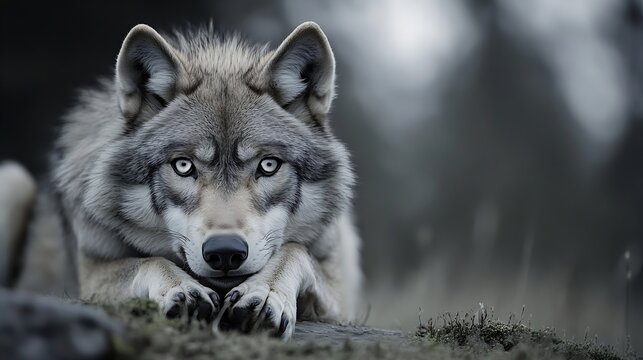 A majestic grey wolf rests on a mossy rock, its piercing blue eyes fixed on the viewer, conveying a sense of wildness and power in a dark, moody forest setting. : Generative AI