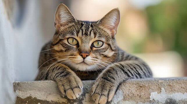 A tabby cat with striking yellow eyes rests peacefully on a weathered stone wall, its paws neatly positioned, showcasing its calm demeanor and beautiful coat. : Generative AI