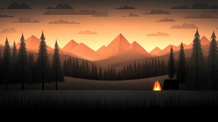A stylized landscape panorama of mountains and forest at sunset.