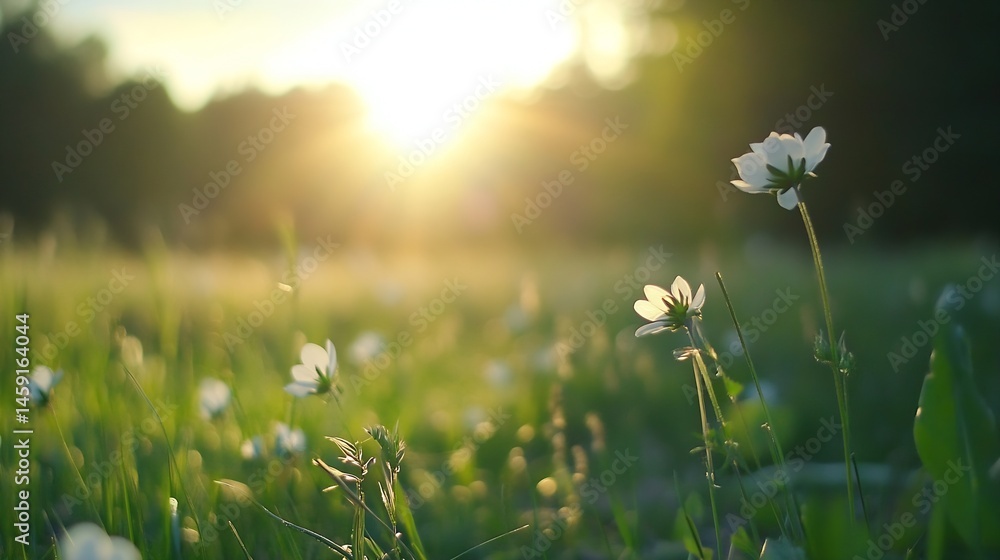 Aufkleber sunlit meadow with delicate white wildflowers gently swaying in the warm evening light, creating a s