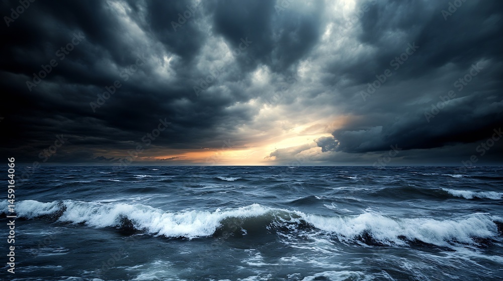 Poster dramatic ocean waves crashing under a stormy, dark sky at sunset, creating a powerful and moody seas