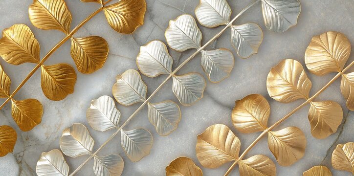 Gleaming gold and silver foliage gracefully cascades across a textured marble surface, showcasing elegant nature