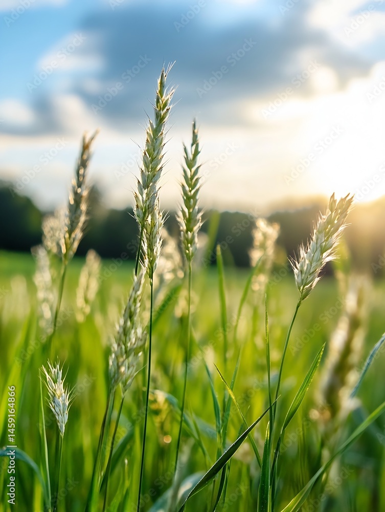 Poster Close-up view of tall grass blades with seed heads, illuminated by warm sunset light, creating a serene and peaceful natural scene. : Generative AI
