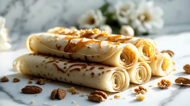 Honey and nut topped rolled crepes or thin pancakes set on a marble background. Traditional food theme.