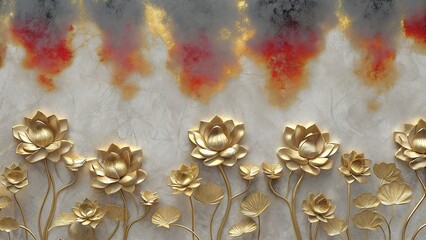 Golden lotus flowers rise against an abstract background of grey, red, and gold