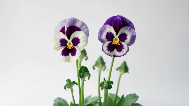 Two pansy flowers placed apart on a backdrop