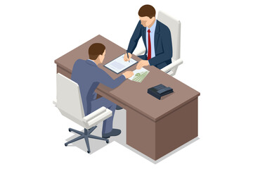 Isometric scene of a businessman discreetly offers cash to another man signing documents at a desk, symbolizing a corrupt transaction. AML Anti money laundering financial. Illegal money metaphor