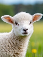 Naklejka premium Adorable white lamb portrait, fluffy wool, curious gaze, springtime meadow, soft focus background, yellow wildflowers, peaceful scene. : Generative AI