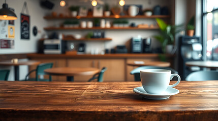 empty wood table with blurred coffee shop background