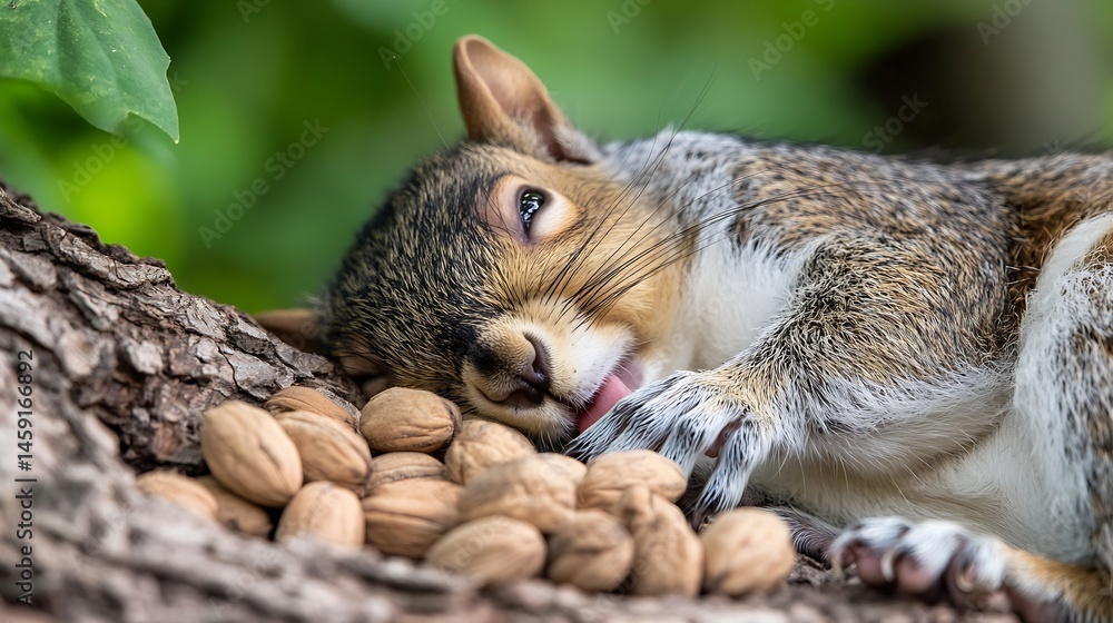 Poster A grey squirrel rests on a tree trunk, amidst a pile of walnuts, cleaning its paw with its tongue.  The scene is set against a softly blurred green background of foliage. : Generative AI
