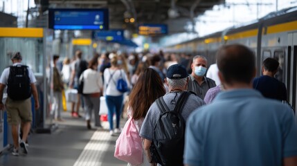 Busy train station filled with commuters wearing masks, showcasing clear safety signage and vibrant atmosphere. scene captures hustle and bustle of daily travel