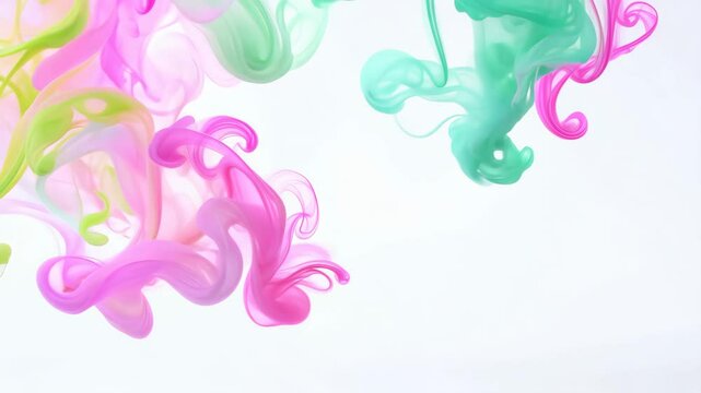 Brighr pastel Colorful swirls of pink and green above dissolve in water, creating a mesmerizing visual effect against a clean white background, evoking feelings of creativity and joy