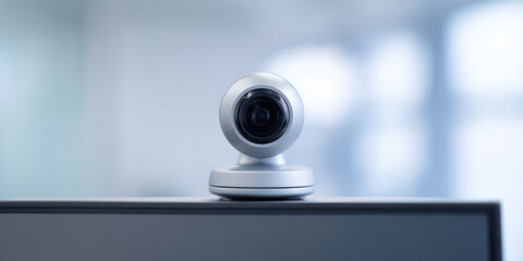 A webcam sits atop a computer monitor in a softly lit environment. Technology and communication concept