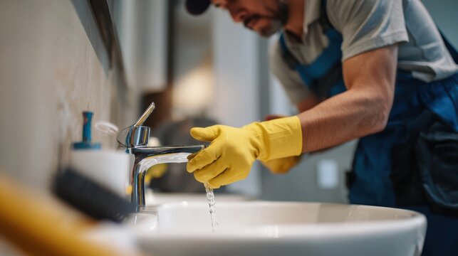Plumber wearing yellow gloves is focused on fixing sink faucet, ensuring water flows properly. scene captures essence of home maintenance and importance of plumbing skills