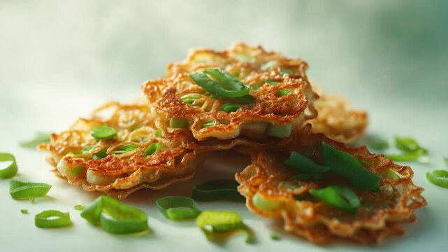 Asian-style scallion cakes set against a white background.