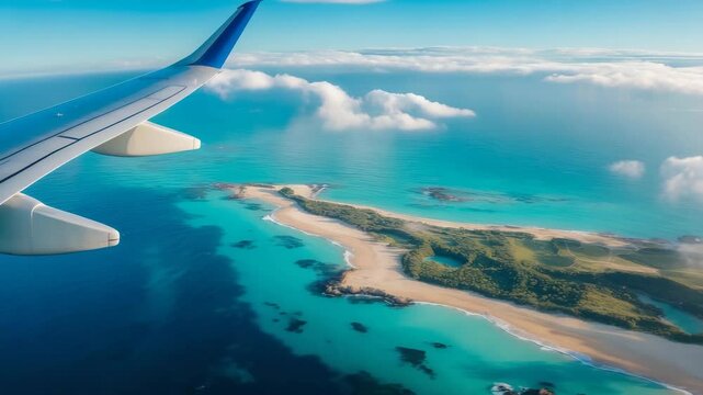 Gliding in an aircraft over the water.