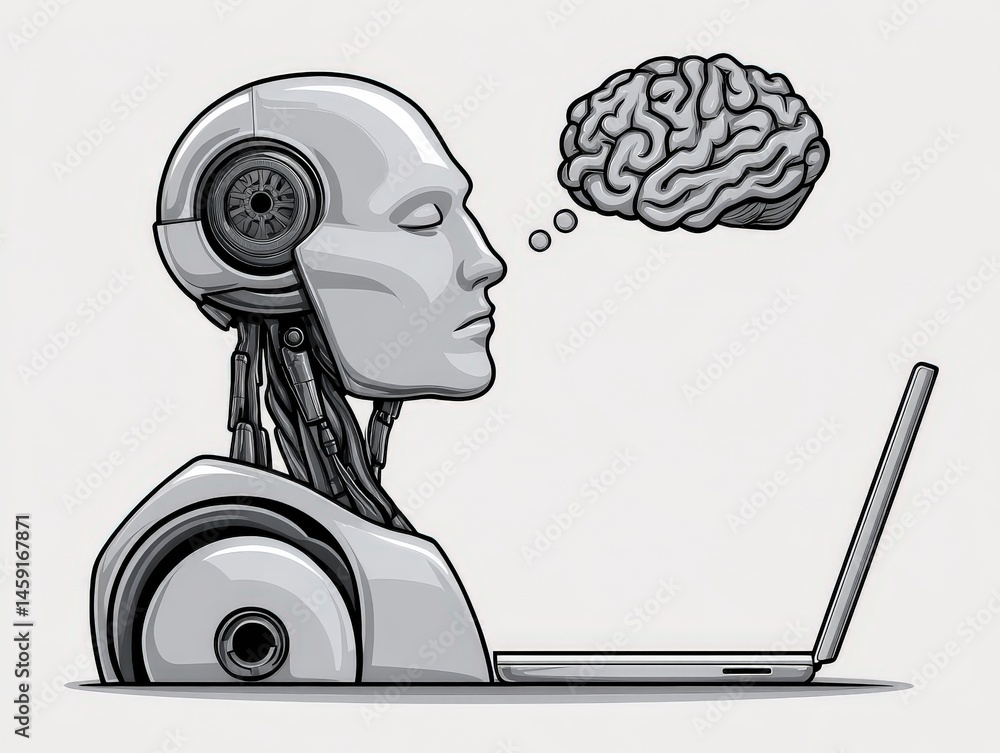 Poster futuristic robot contemplating technology alongside a laptop illustrating the intersection of artifi