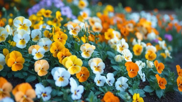 Close-up of vibrant pansy flowers in yellow, orange, and white with a floral backdrop.