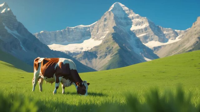 A tranquil landscape featuring a cow munching on a vibrant meadow with a towering summit in the distance.