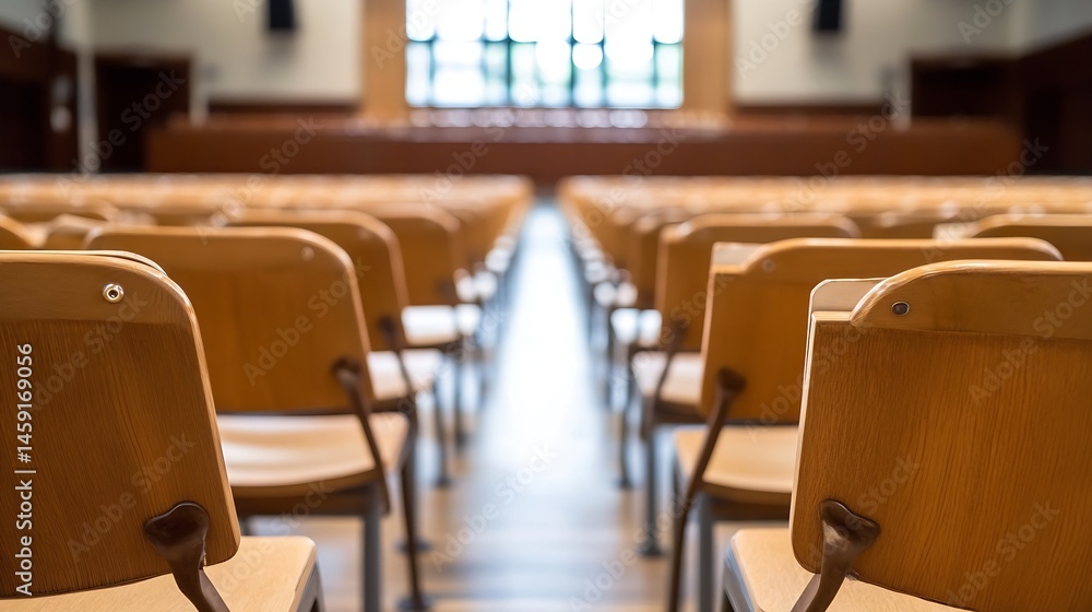 Poster Rows of empty wooden chairs in a lecture hall, viewed from the back, with a blurred background showing a large window and a slightly visible stage. : Generative AI