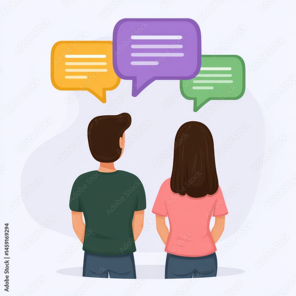 Poster engaging conversation between two individuals with colorful speech bubbles illustrating communicatio