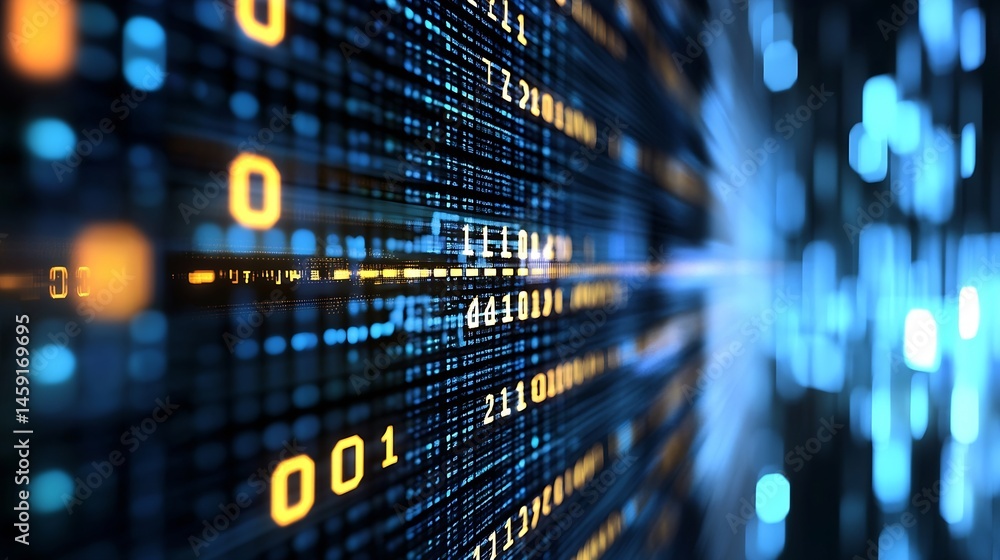 Poster Abstract digital data stream, glowing blue and orange binary code, flowing lines of information, futuristic technology concept, server room visualization, high-tech background. : Generative AI