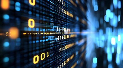 Abstract digital data stream, glowing blue and orange binary code, flowing lines of information, futuristic technology concept, server room visualization, high-tech background. : Generative AI