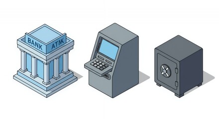 Isometric Illustration of Bank, ATM, and Safe