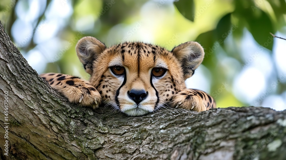Poster A cheetah cub rests its paws on a thick tree branch, gazing intently at the viewer.  Its spotted coat blends with the dappled sunlight filtering through the leaves. : Generative AI
