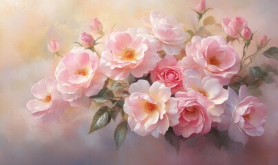 Fototapeta premium Delicate pink roses in soft pastel hues. A profusion of blooms in various stages, from full to bud. Gentle, warm light