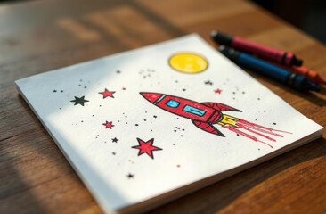 A child&rsquo;s drawing of space: stars, moon, and a rocket, made with colorful crayons on white paper. Black, yellow and red tones, placed on a wooden surface