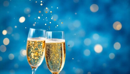 two glasses of champagne against blue background