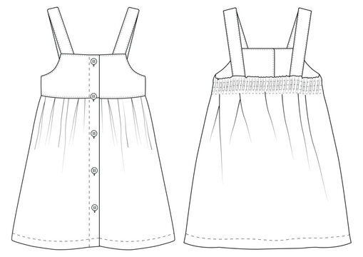 Baby girls danim Pinafore fashion flat sketch template vector