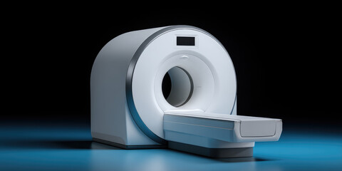 MRI machine sits in a dimly lit environment displaying its large circular opening. Medical equipment, healthcare, diagnostic imaging