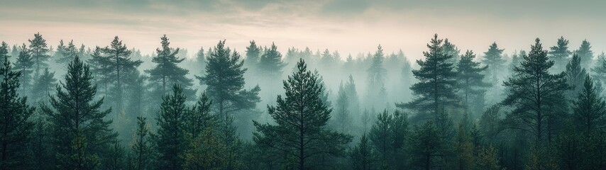 Obraz premium The tall forest is shrouded in a soft, misty haze, adding to the beautiful panoramic scenery.