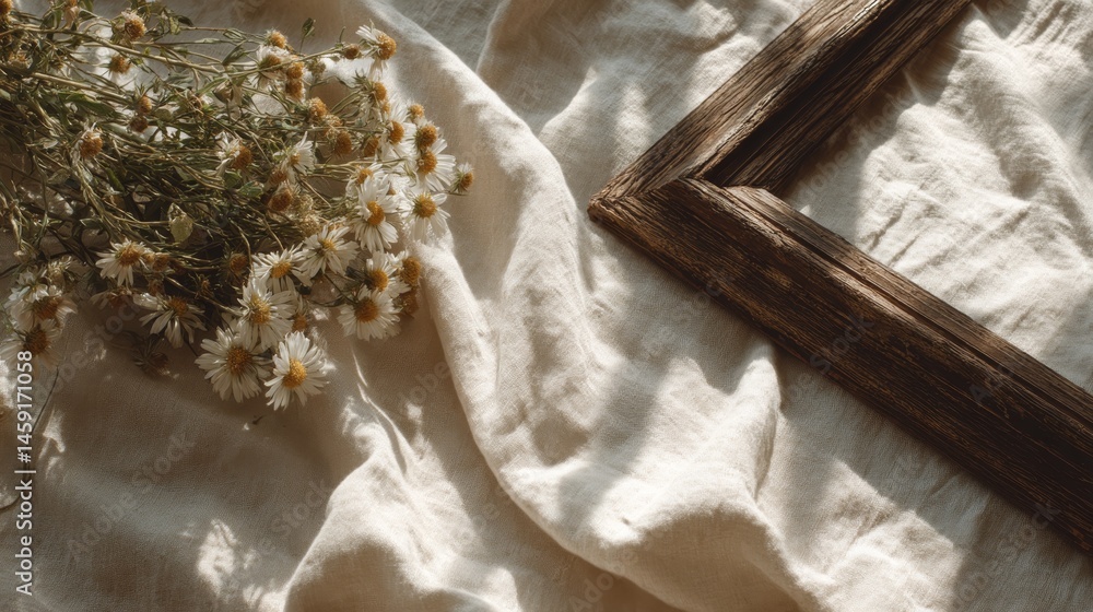 Poster on a soft linen backdrop, a vintage wooden frame rests beside delicate pressed wildflowers, illumina